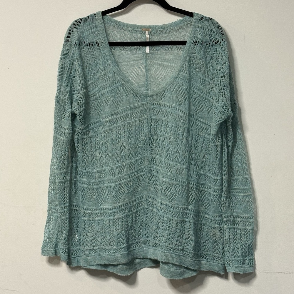 Free People Open Weave Lightweight Light Blue Boho Crochet V-neck Sweater Size S